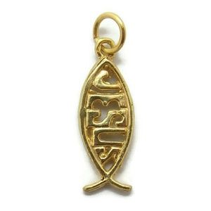 JESUS Christian Fish Charm / Pendant 14k  Yellow Gold.